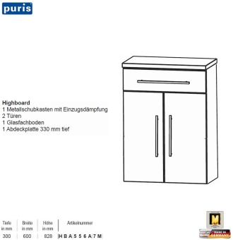 Puris KAO Line Highboard 60 cm mit 2 Türen / 1 Schub 