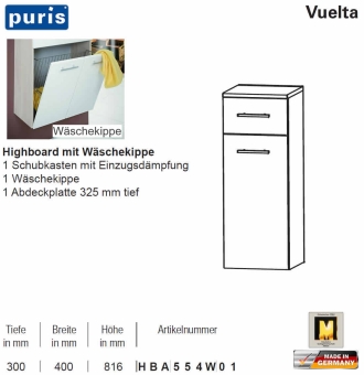 Puris Vuelta Highboard - 1 Auszug / Wäschekippe - 40 cm - HBA554W01 