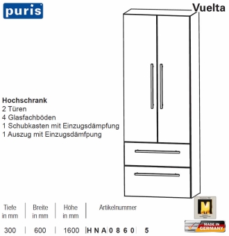 Puris Vuelta Hochschrank - 2 Auszüge / 2 Türen - 60 cm - HNA8605 