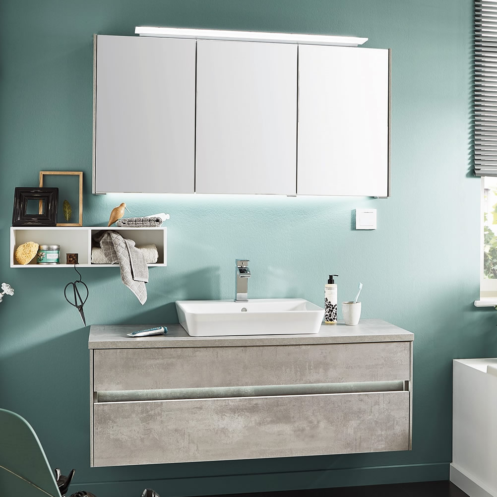 Puris UNIQUE Badmöbel Set 120 mit cm LED Keramik-Aufsatz-Waschtisch Spiegelschrank 